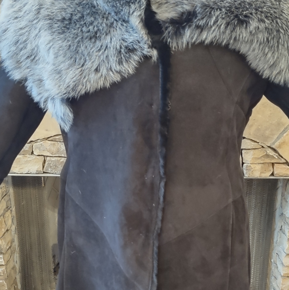 Shearling coat Lamb Fur Badgley Mischka couture black Leather suede Gray Collar - Picture 3 of 13
